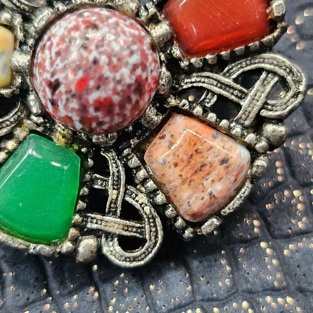 Vintage Multicolor Gemstone Brooch Pin Metalwork Circular Design Jewelry - Picture 4 of 7